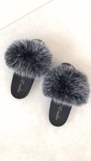 100% Fur Slippers Black