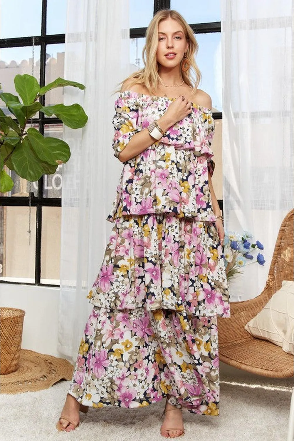 ADORA Layered Floral Off-Shoulder Short Sleeve Maxi Dress