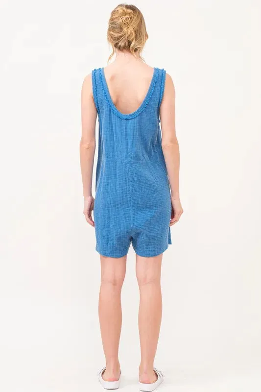 And The Why Washed Gauze Front Button Down Romper In Blue