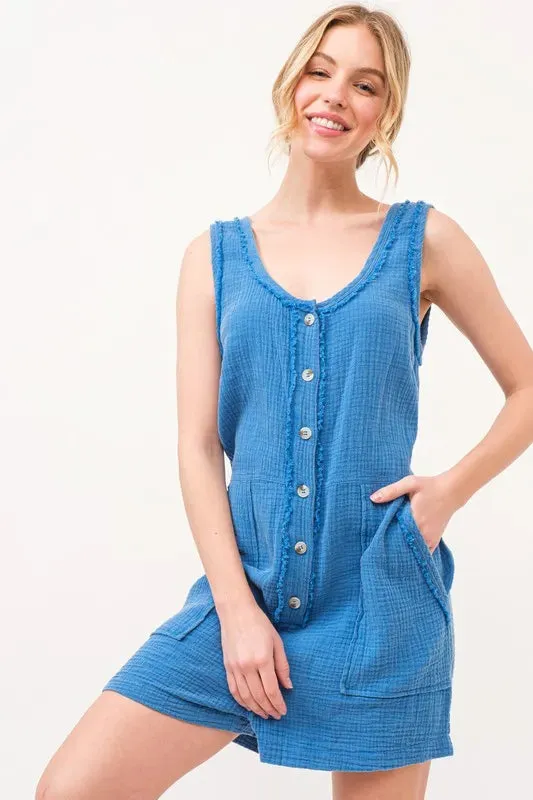 And The Why Washed Gauze Front Button Down Romper In Blue