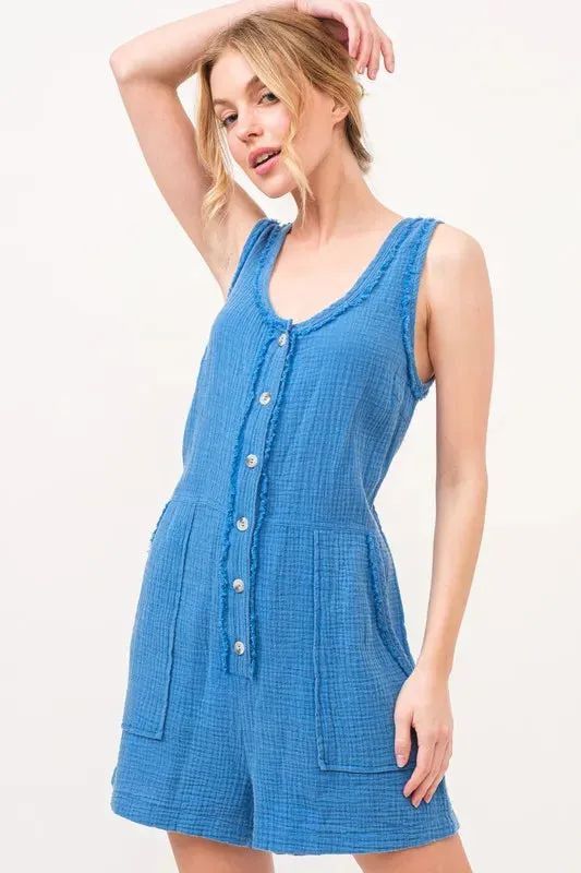 And The Why Washed Gauze Front Button Down Romper In Blue