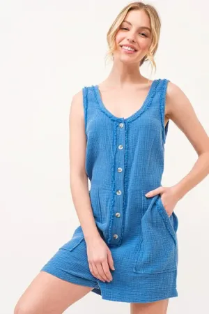 And The Why Washed Gauze Front Button Down Romper In Blue