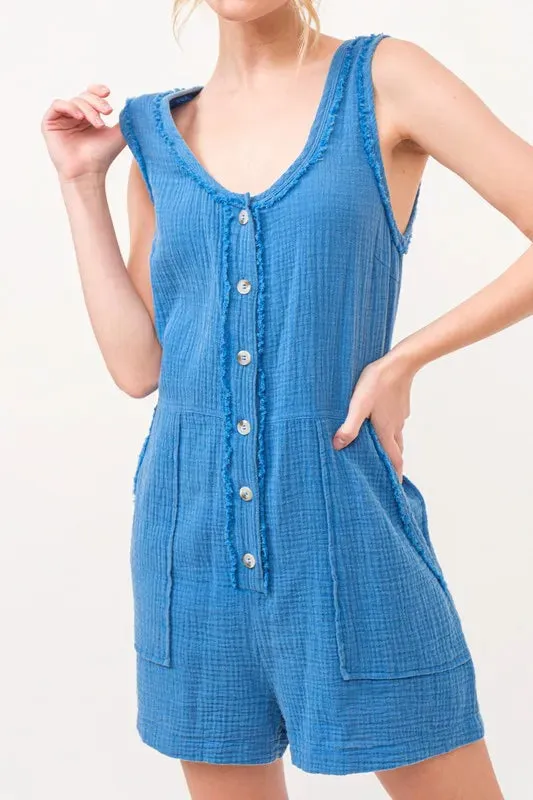 And The Why Washed Gauze Front Button Down Romper In Blue