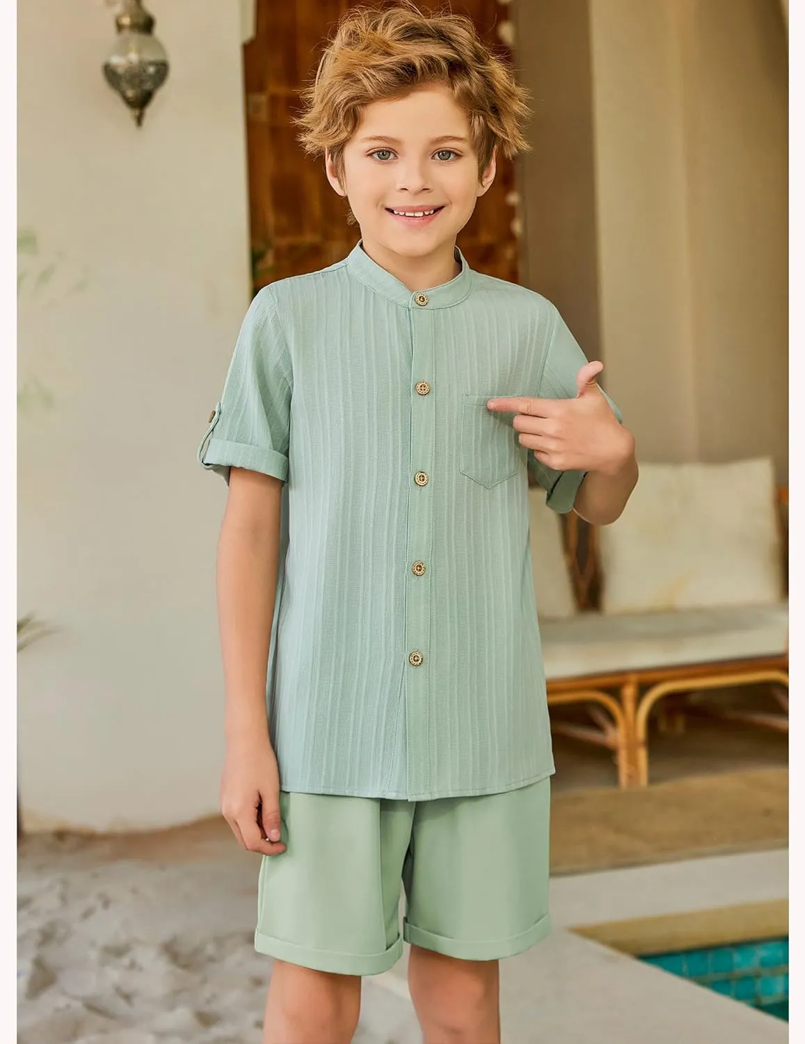 Arshiner Boy's 2 Piece Outfit Short Sleeve Textured Shirt and Short Sets