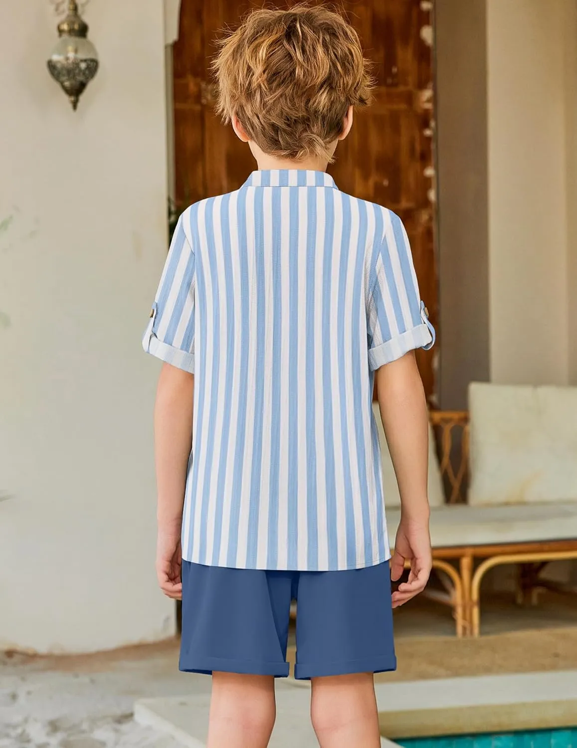 Arshiner Boy's 2 Piece Outfit Short Sleeve Textured Shirt and Short Sets