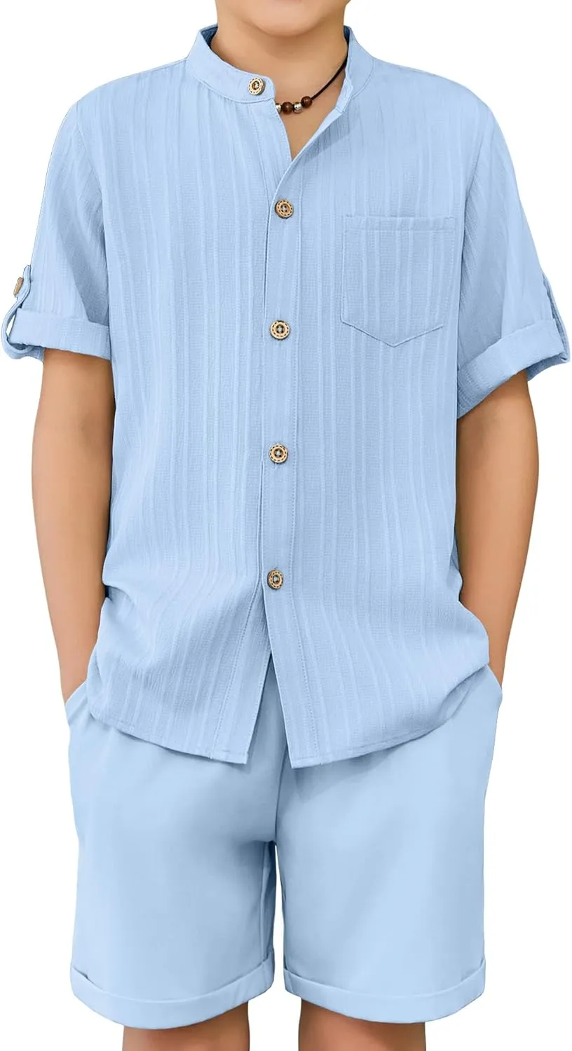 Arshiner Boy's 2 Piece Outfit Short Sleeve Textured Shirt and Short Sets