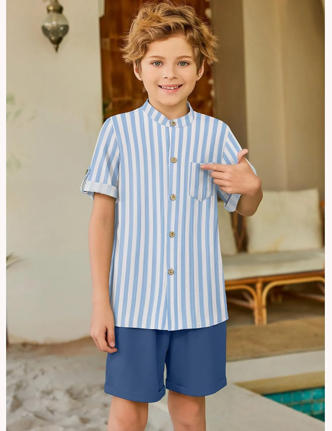 Arshiner Boy's 2 Piece Outfit Short Sleeve Textured Shirt and Short Sets