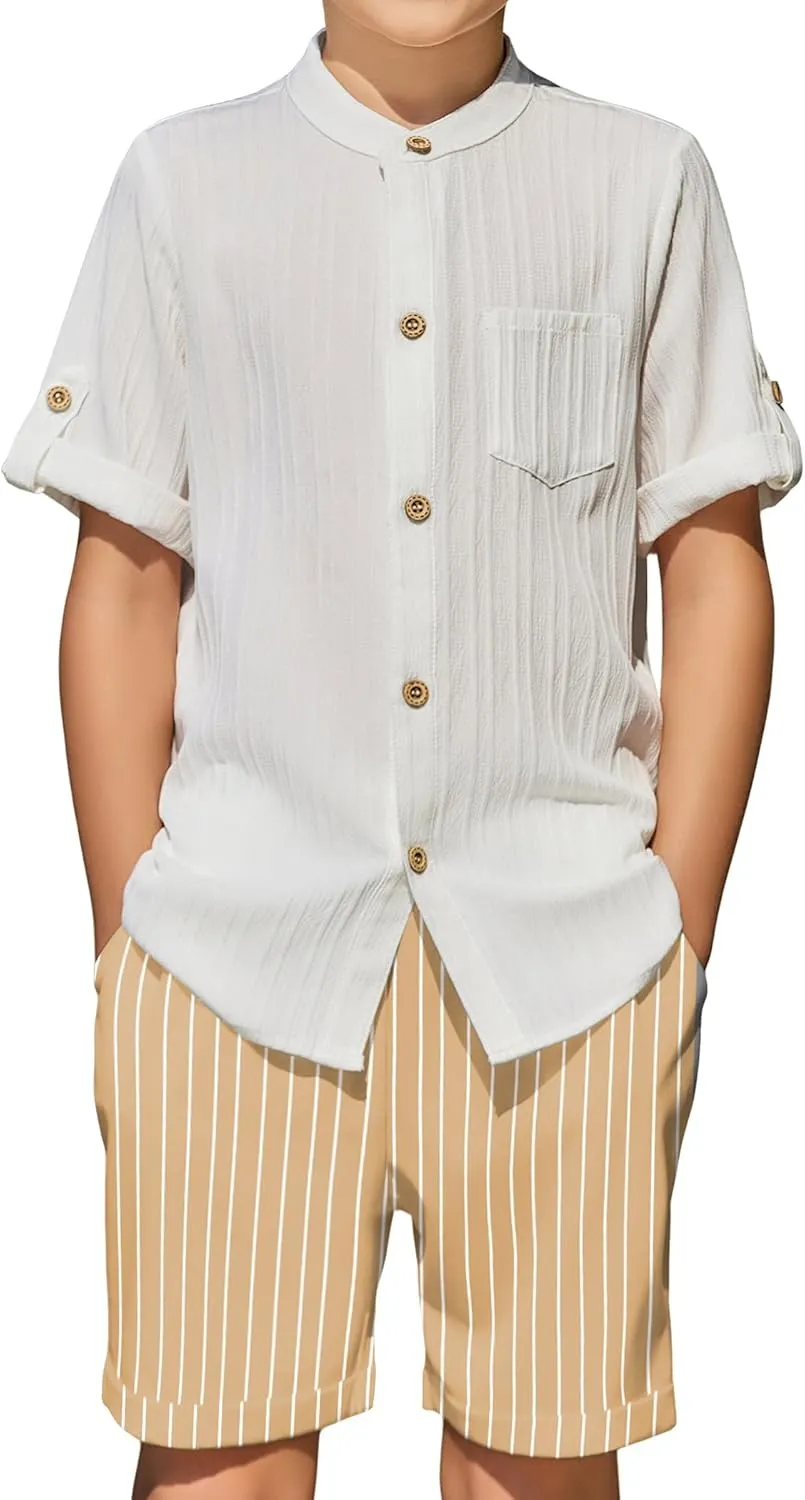 Arshiner Boy's 2 Piece Outfit Short Sleeve Textured Shirt and Short Sets