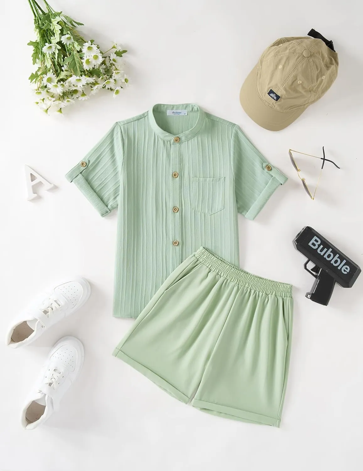 Arshiner Boy's 2 Piece Outfit Short Sleeve Textured Shirt and Short Sets