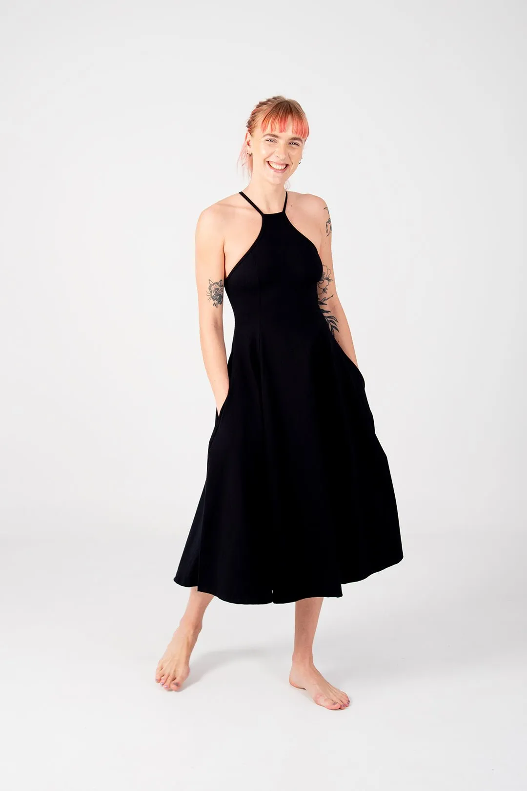 Asri Point Neck Midi Dress in Black