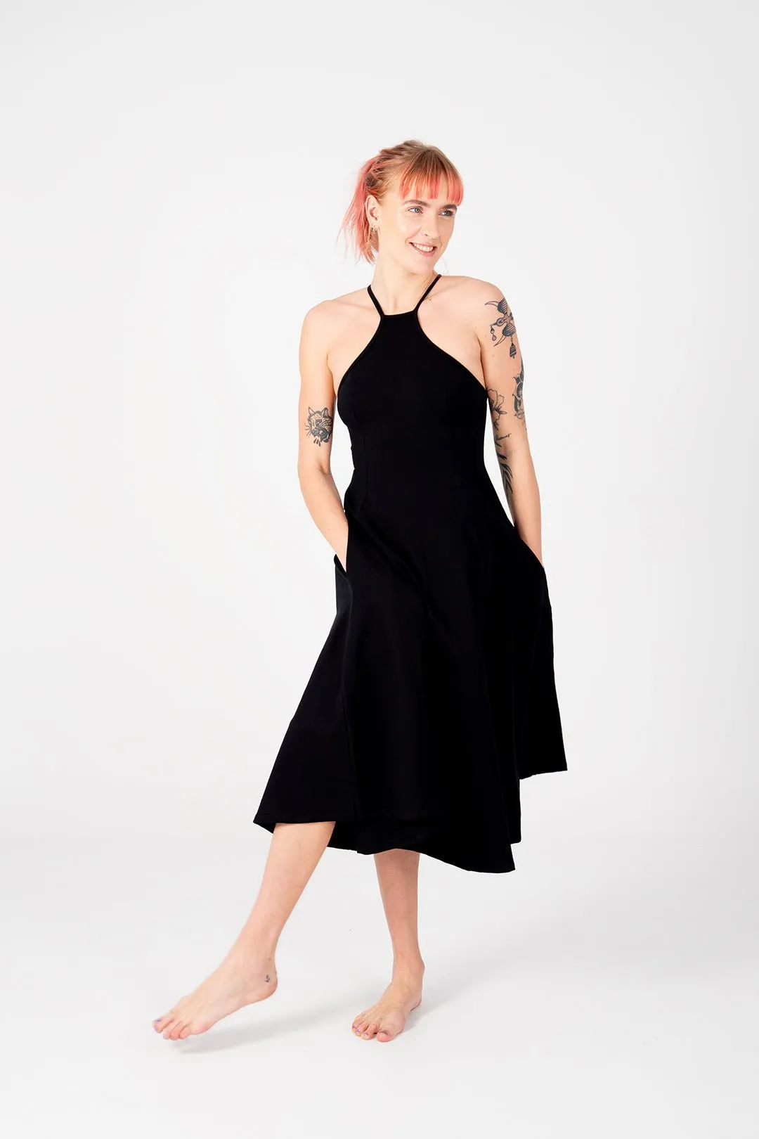 Asri Point Neck Midi Dress in Black