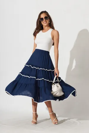 Austen Midi Skirt In Navy Linen Blend