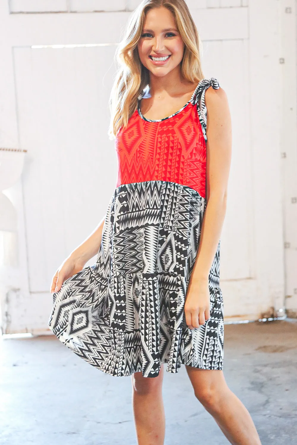 Aztec Shoulder-Tie Knot Tiered Dress