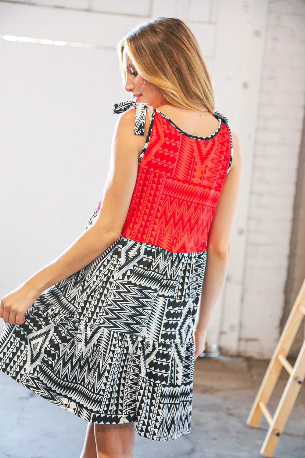Aztec Shoulder-Tie Knot Tiered Dress