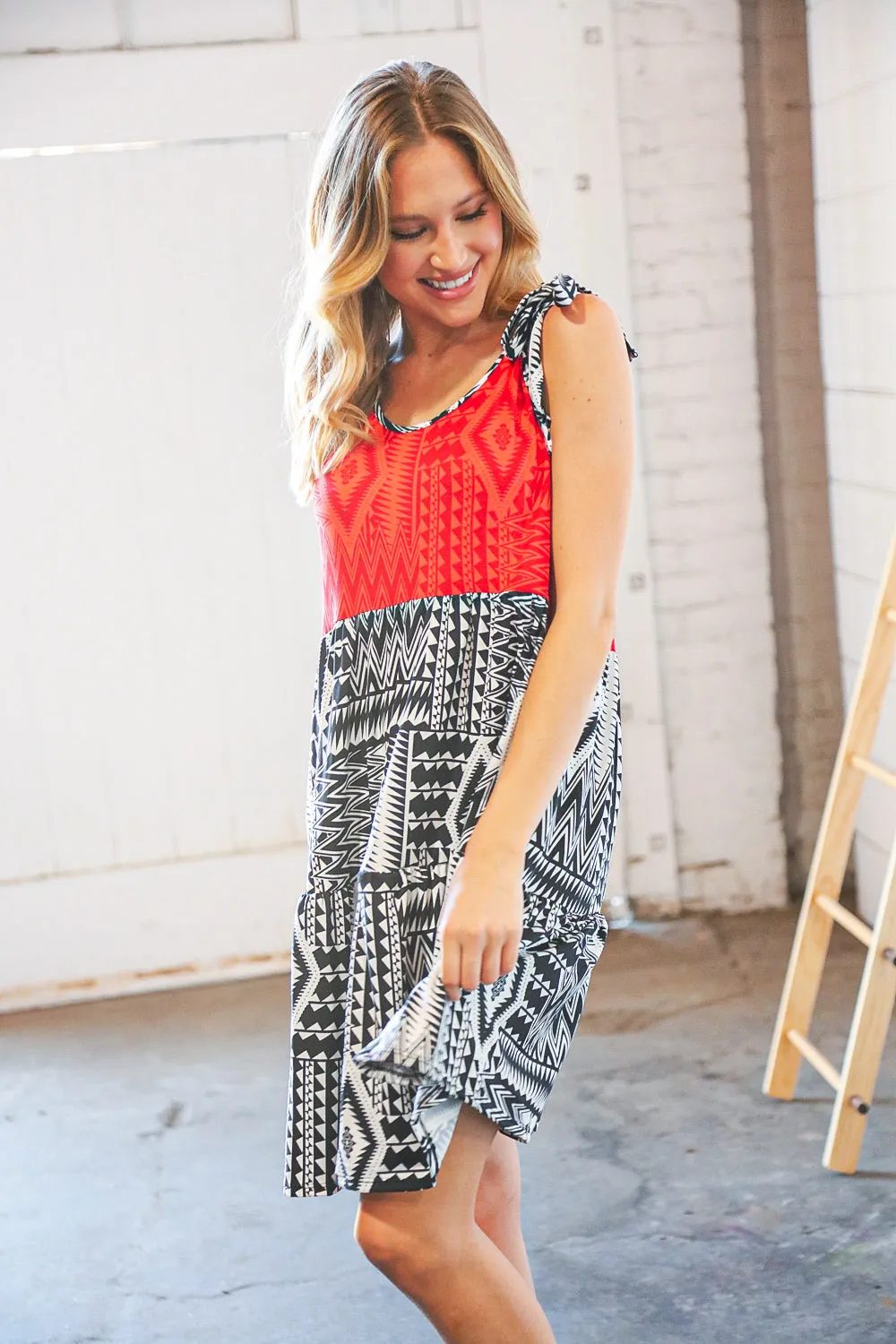 Aztec Shoulder-Tie Knot Tiered Dress