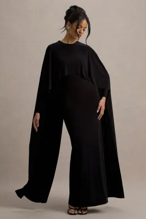 Belinda | Black Draped Maxi Dress With Cape Sleeves