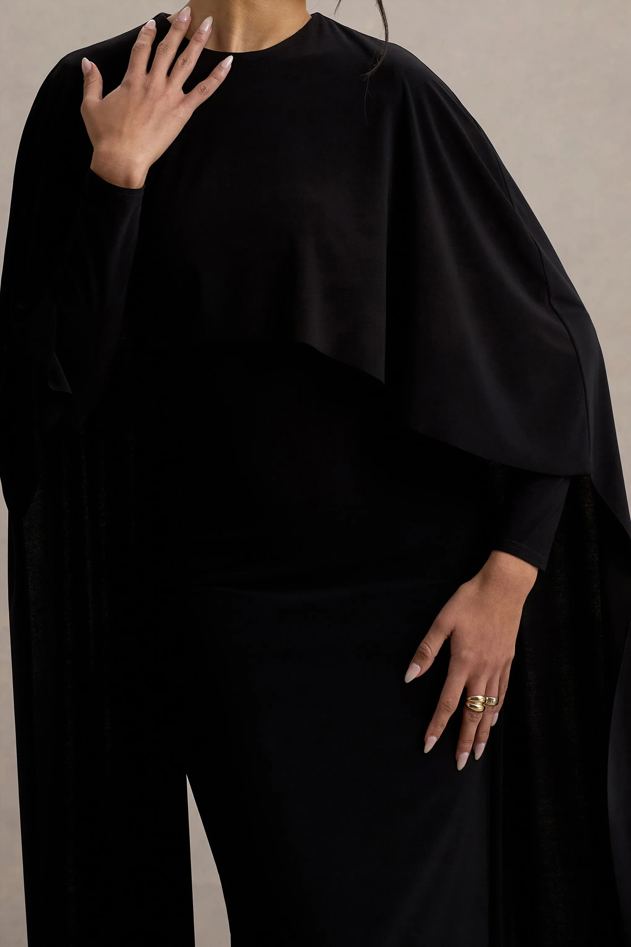 Belinda | Black Draped Maxi Dress With Cape Sleeves