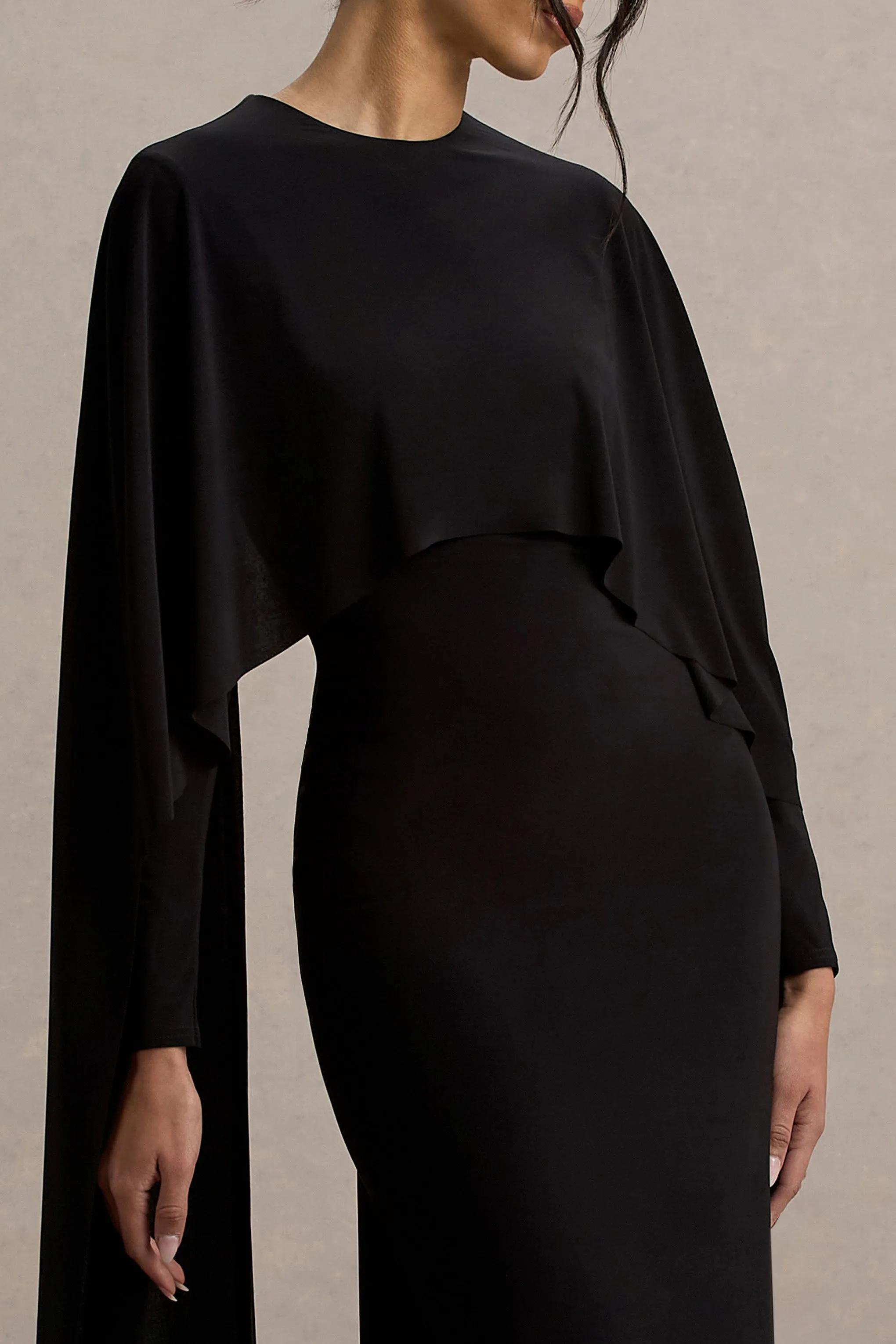 Belinda | Black Draped Maxi Dress With Cape Sleeves