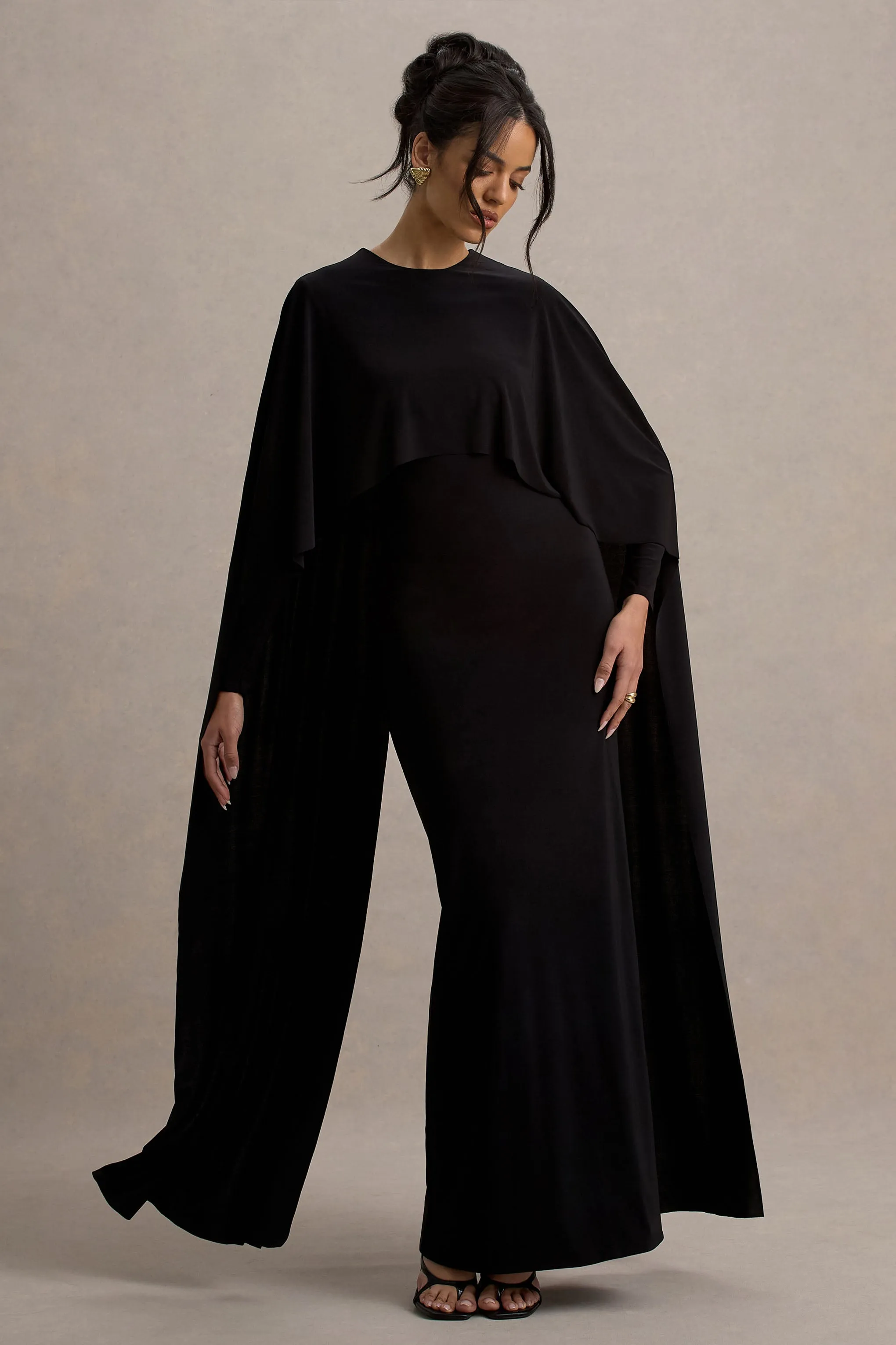 Belinda | Black Draped Maxi Dress With Cape Sleeves