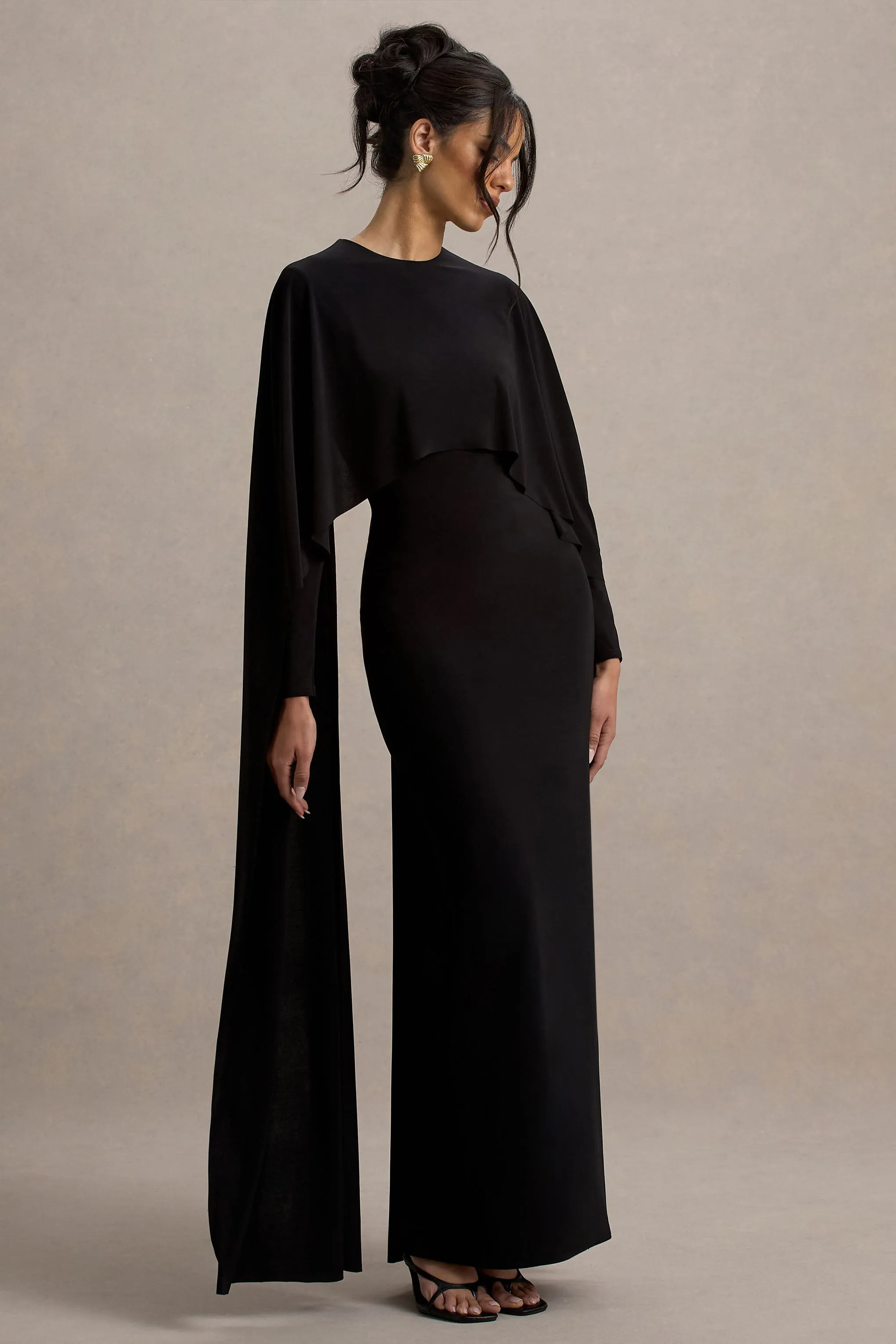 Belinda | Black Draped Maxi Dress With Cape Sleeves