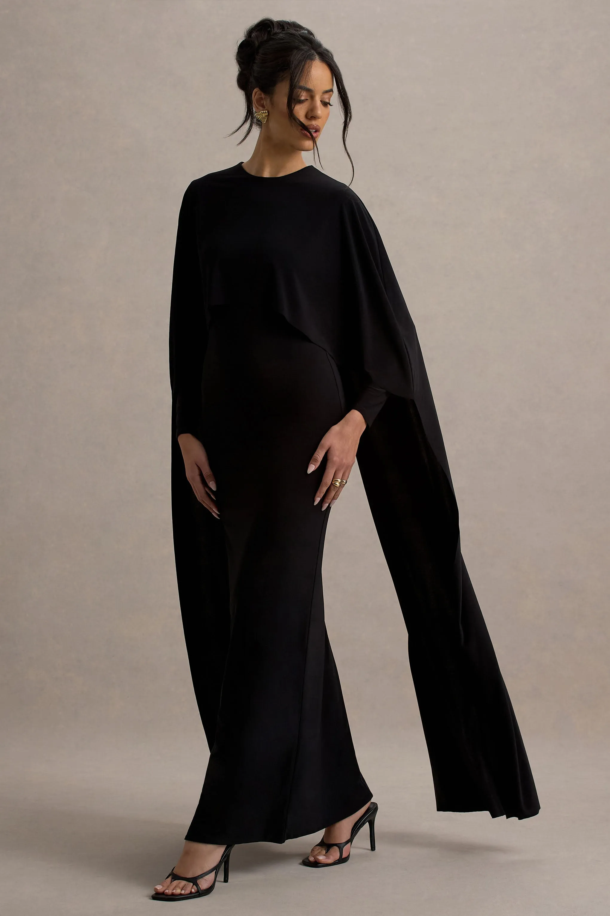 Belinda | Black Draped Maxi Dress With Cape Sleeves