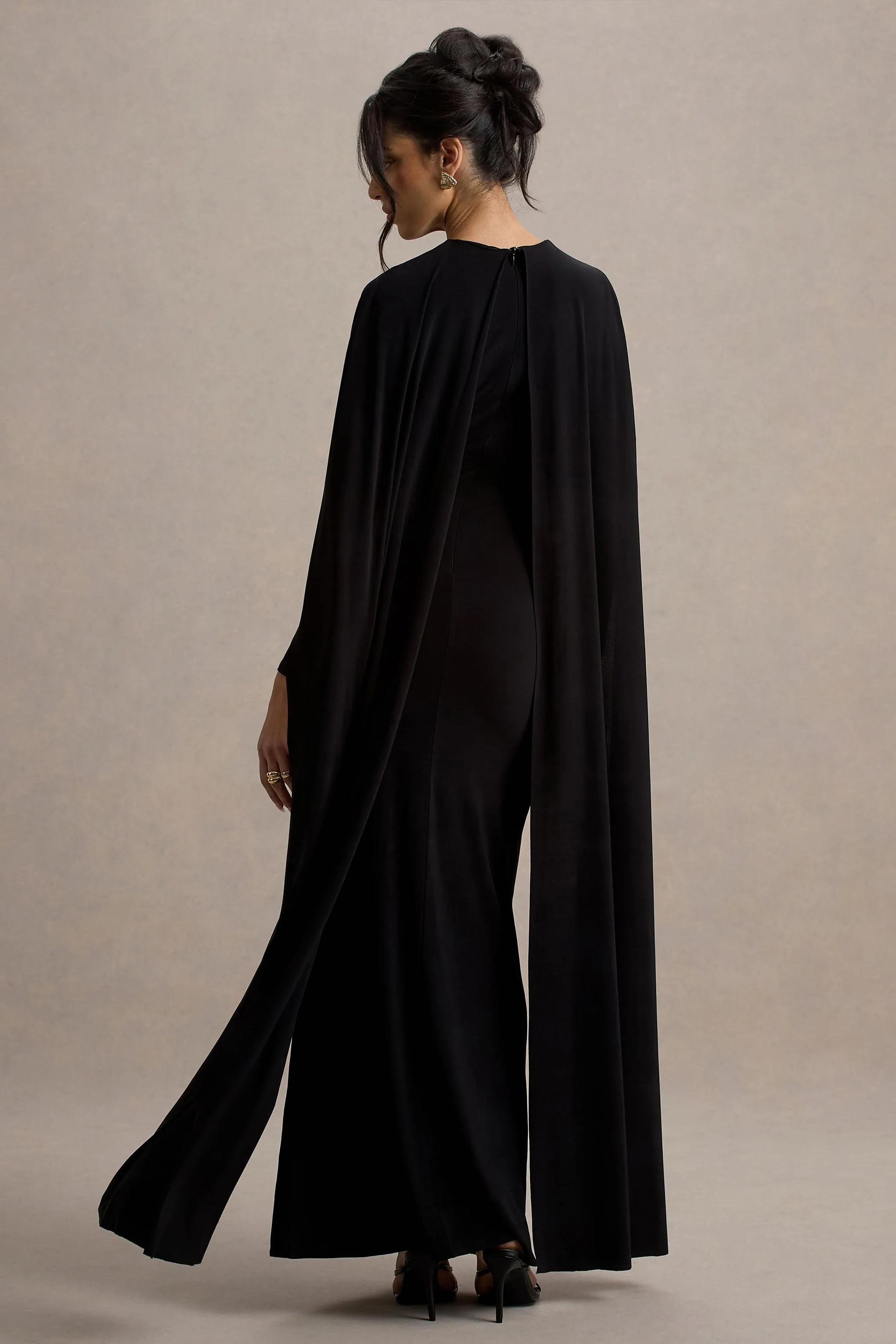 Belinda | Black Draped Maxi Dress With Cape Sleeves