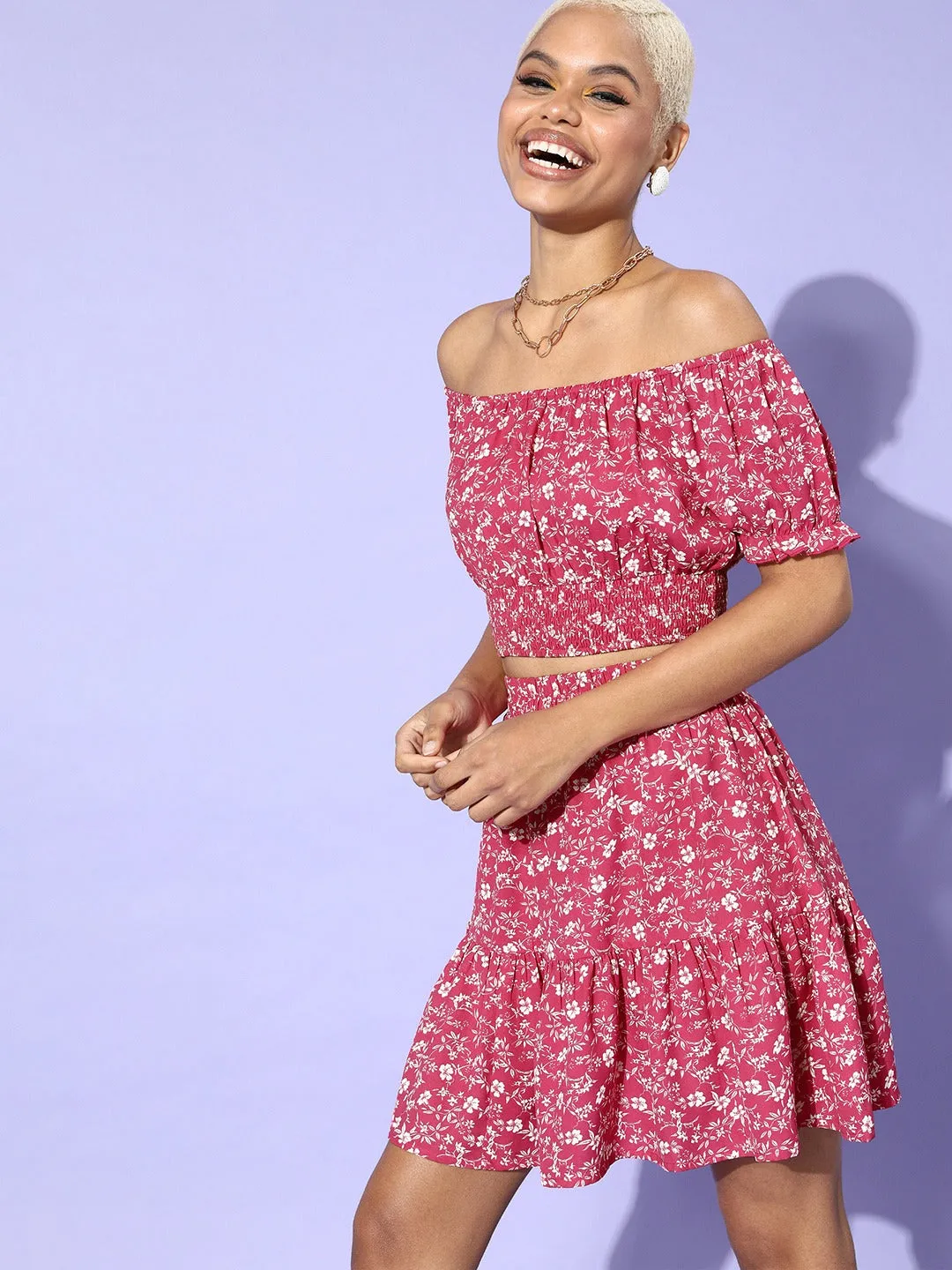 Berrylush Women Pink Floral Floral Off-Shoulder Co-Ordinate Mini Dress