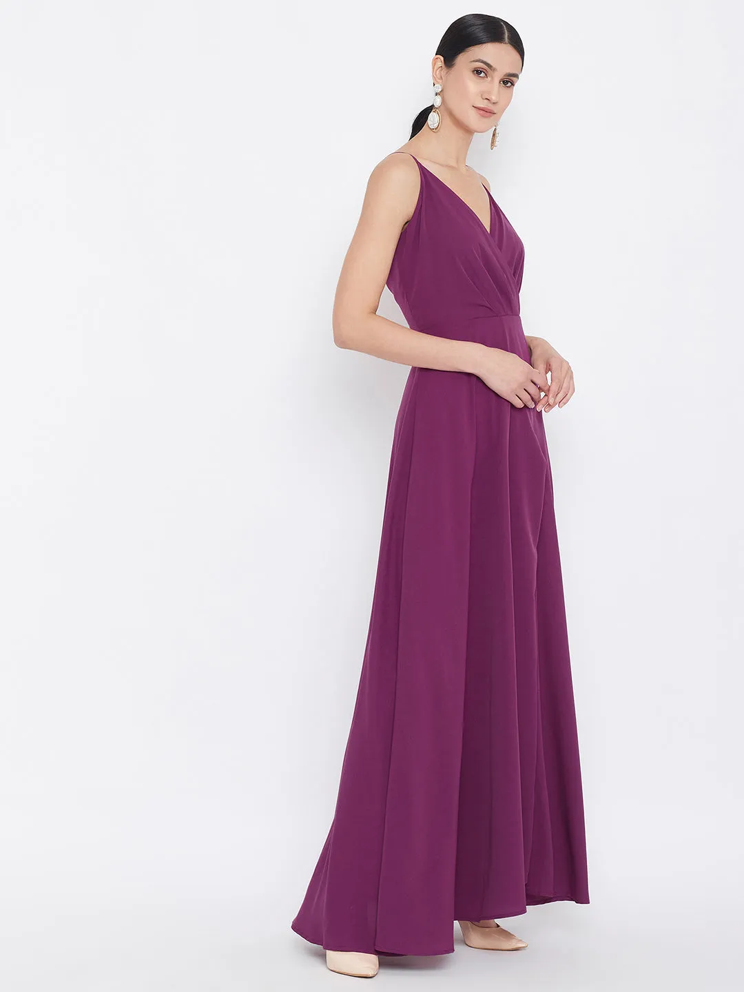 Berrylush Women Solid Dark Purple V-Neck A-Line Maxi Dress