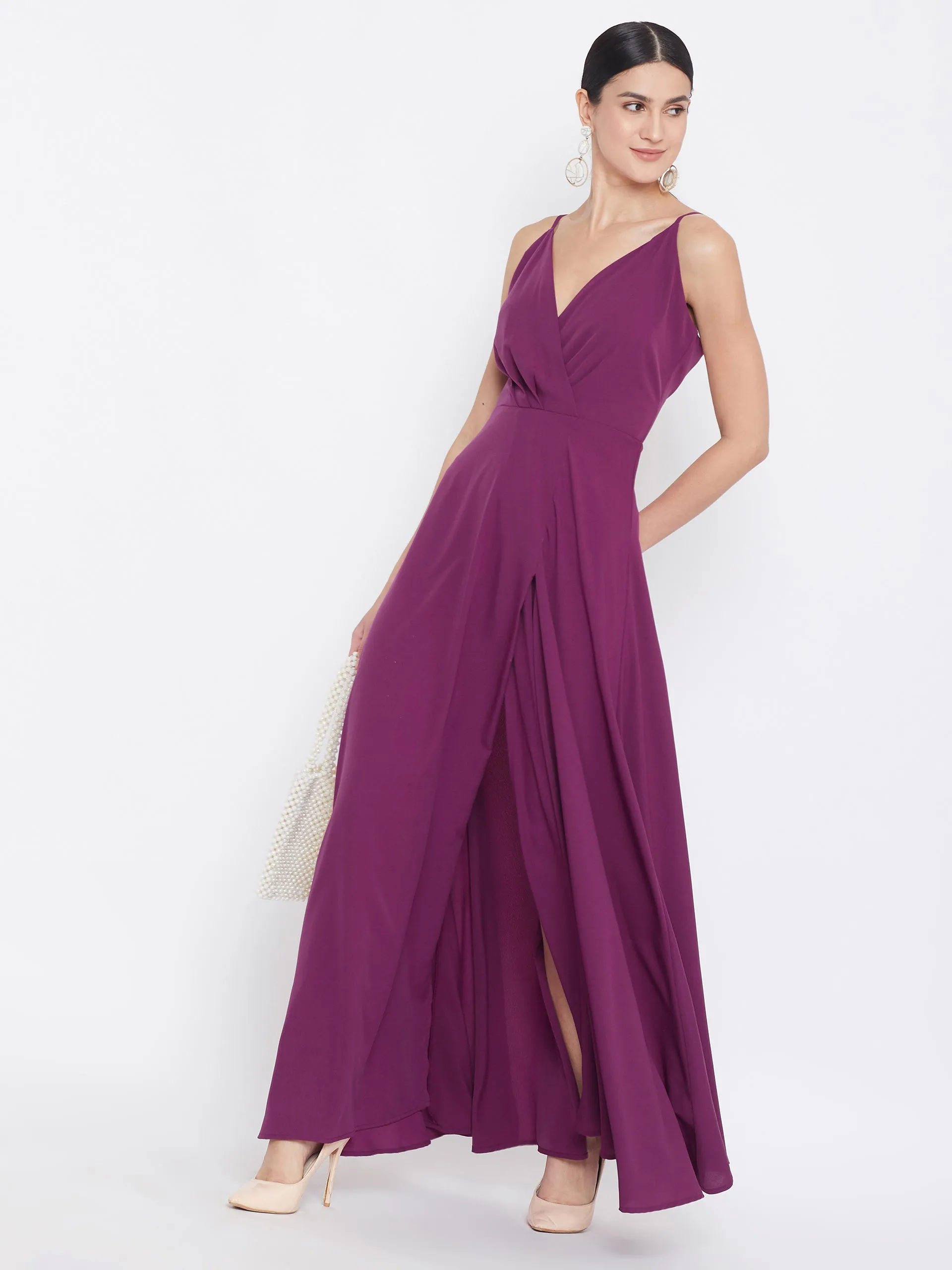 Berrylush Women Solid Dark Purple V-Neck A-Line Maxi Dress