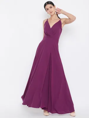 Berrylush Women Solid Dark Purple V-Neck A-Line Maxi Dress