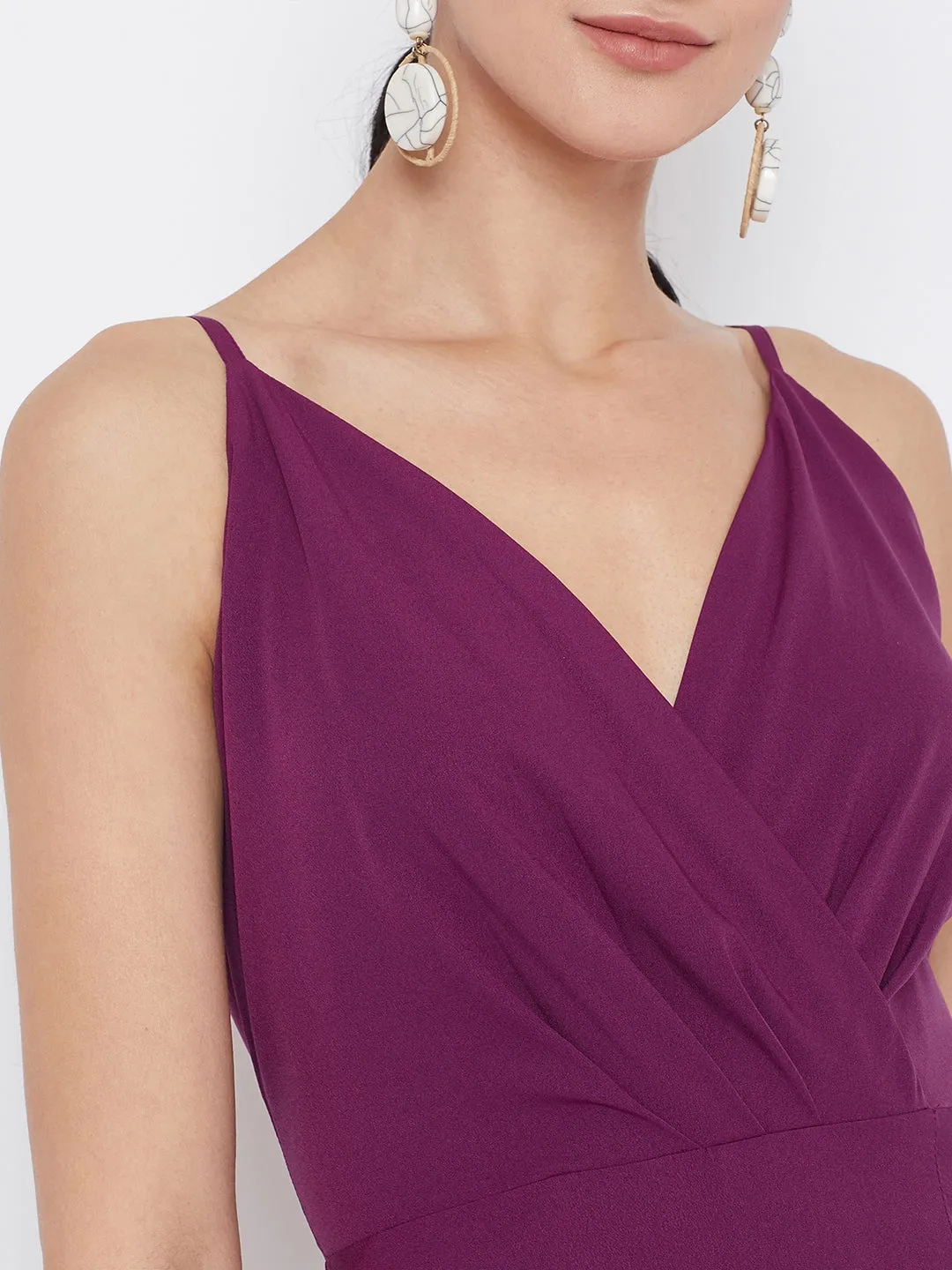 Berrylush Women Solid Dark Purple V-Neck A-Line Maxi Dress