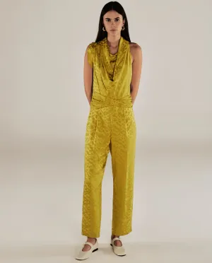 BHAKTI | Chartreuse Yellow Jacquard Leopard Print Sleeveless Jumpsuit