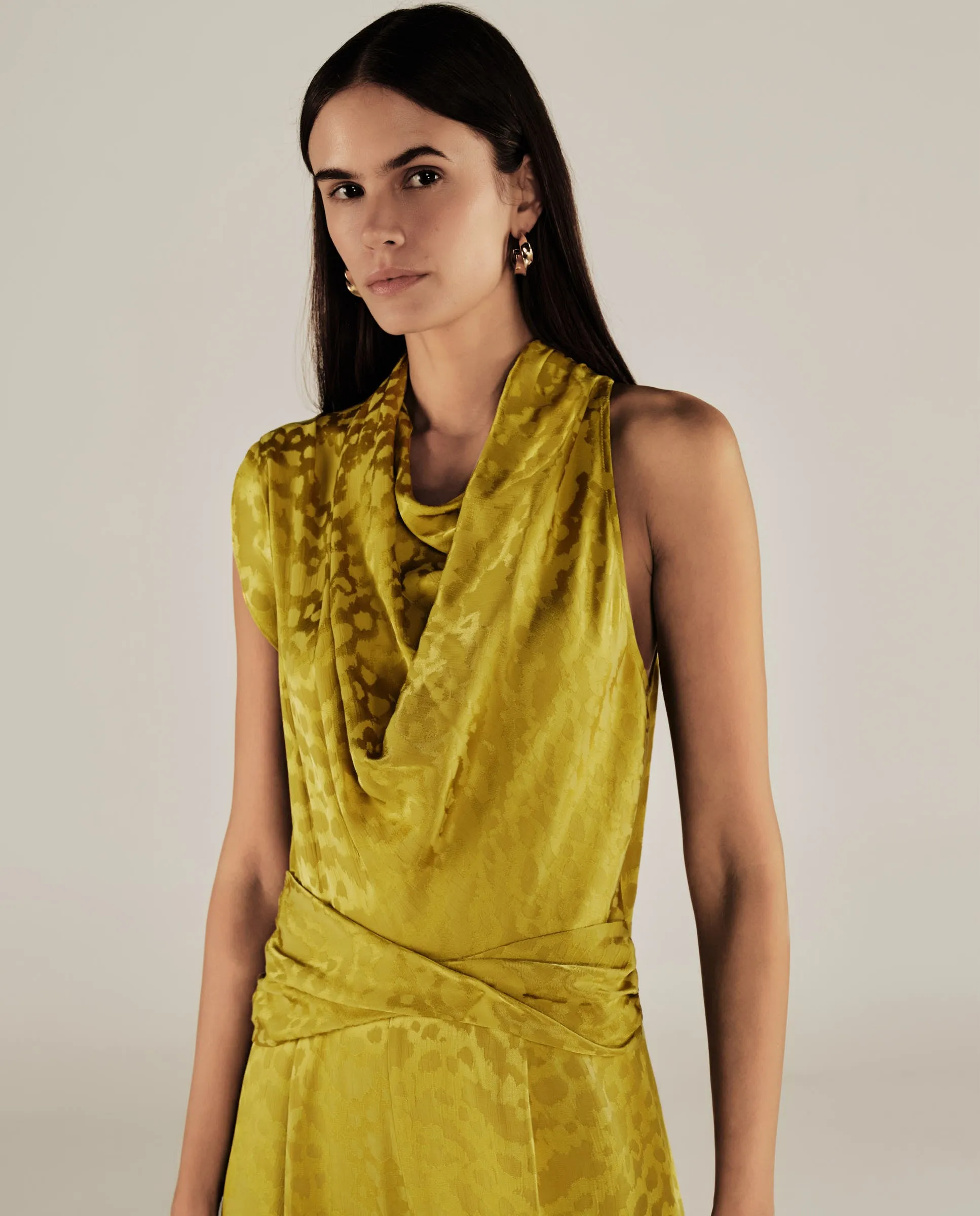 BHAKTI | Chartreuse Yellow Jacquard Leopard Print Sleeveless Jumpsuit