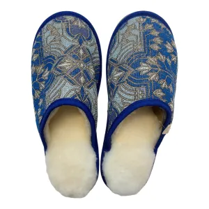 Blue & Silver Geo Large White Slippers