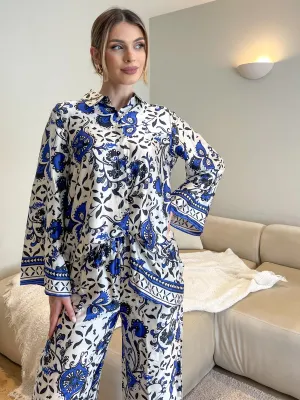 BLUE AND WHITE PRINTED CO-ORD TROUSER-SET