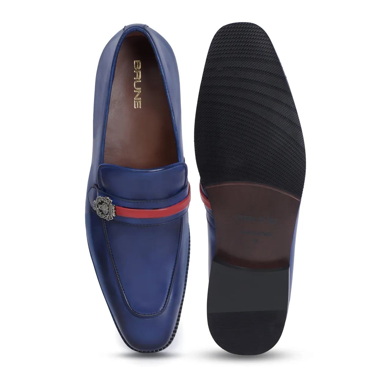 Blue Leather Slip-On with Lion Badge & Contrasting Red/Blue Strap