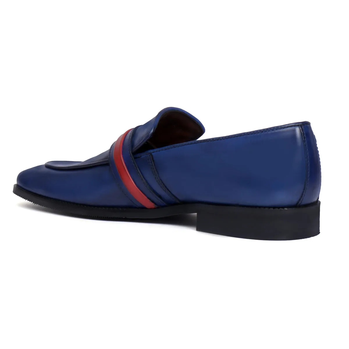 Blue Leather Slip-On with Lion Badge & Contrasting Red/Blue Strap