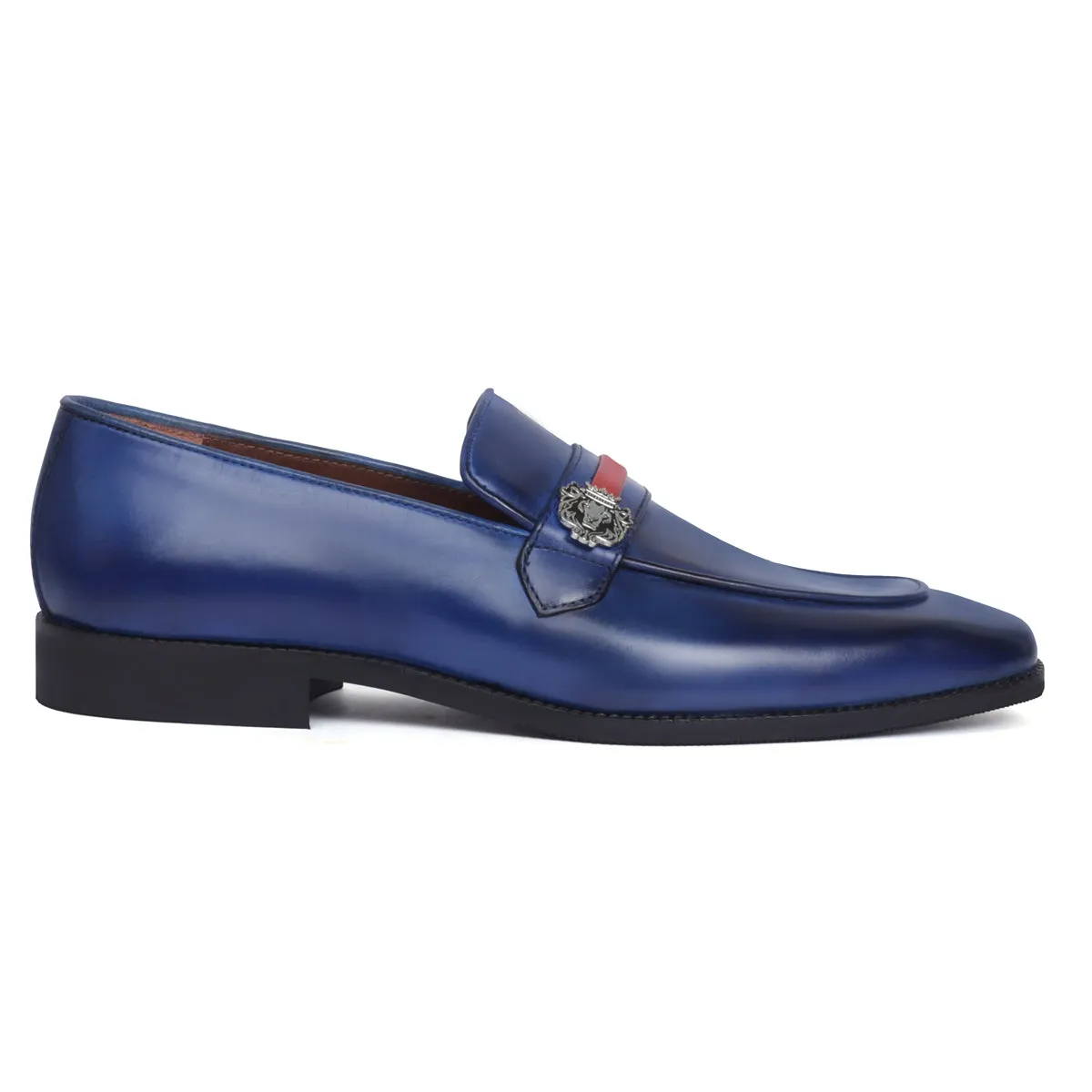 Blue Leather Slip-On with Lion Badge & Contrasting Red/Blue Strap