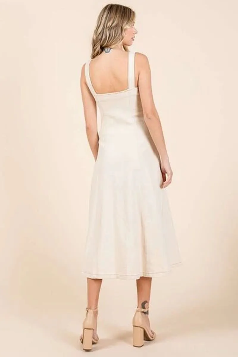 Chic Mittoshop Sleeveless Midi Dress with Stretch Twill and Decorative Buttons