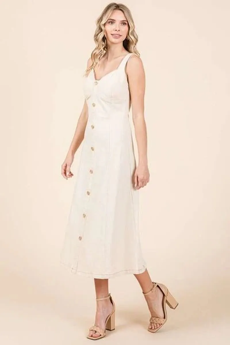 Chic Mittoshop Sleeveless Midi Dress with Stretch Twill and Decorative Buttons