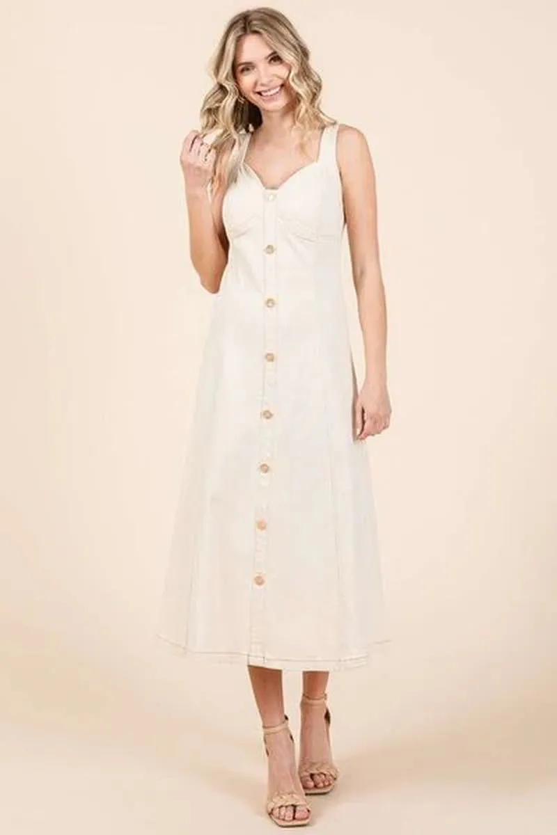 Chic Mittoshop Sleeveless Midi Dress with Stretch Twill and Decorative Buttons