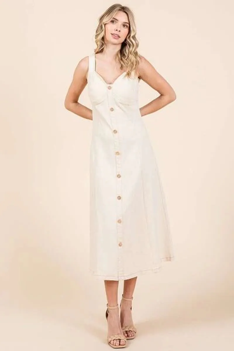 Chic Mittoshop Sleeveless Midi Dress with Stretch Twill and Decorative Buttons