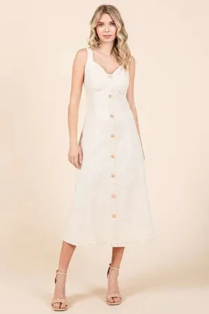 Chic Mittoshop Sleeveless Midi Dress with Stretch Twill and Decorative Buttons