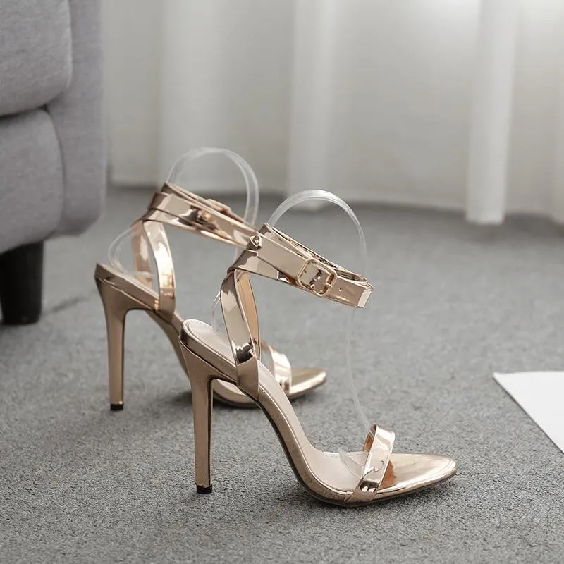 Chicvane Champagne Lace-Up Stilettos Buckle Closure Roman Dress Sandals