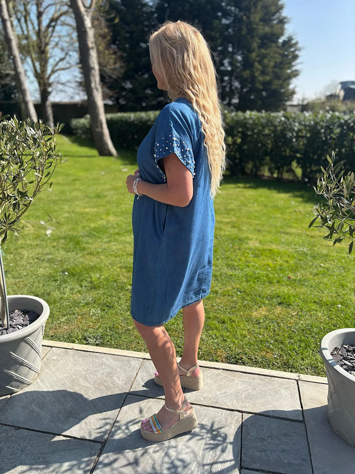 Dark Denim Pearl Embellished Dress Aida