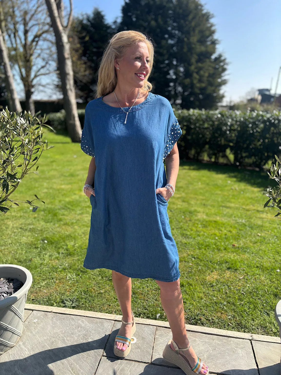 Dark Denim Pearl Embellished Dress Aida