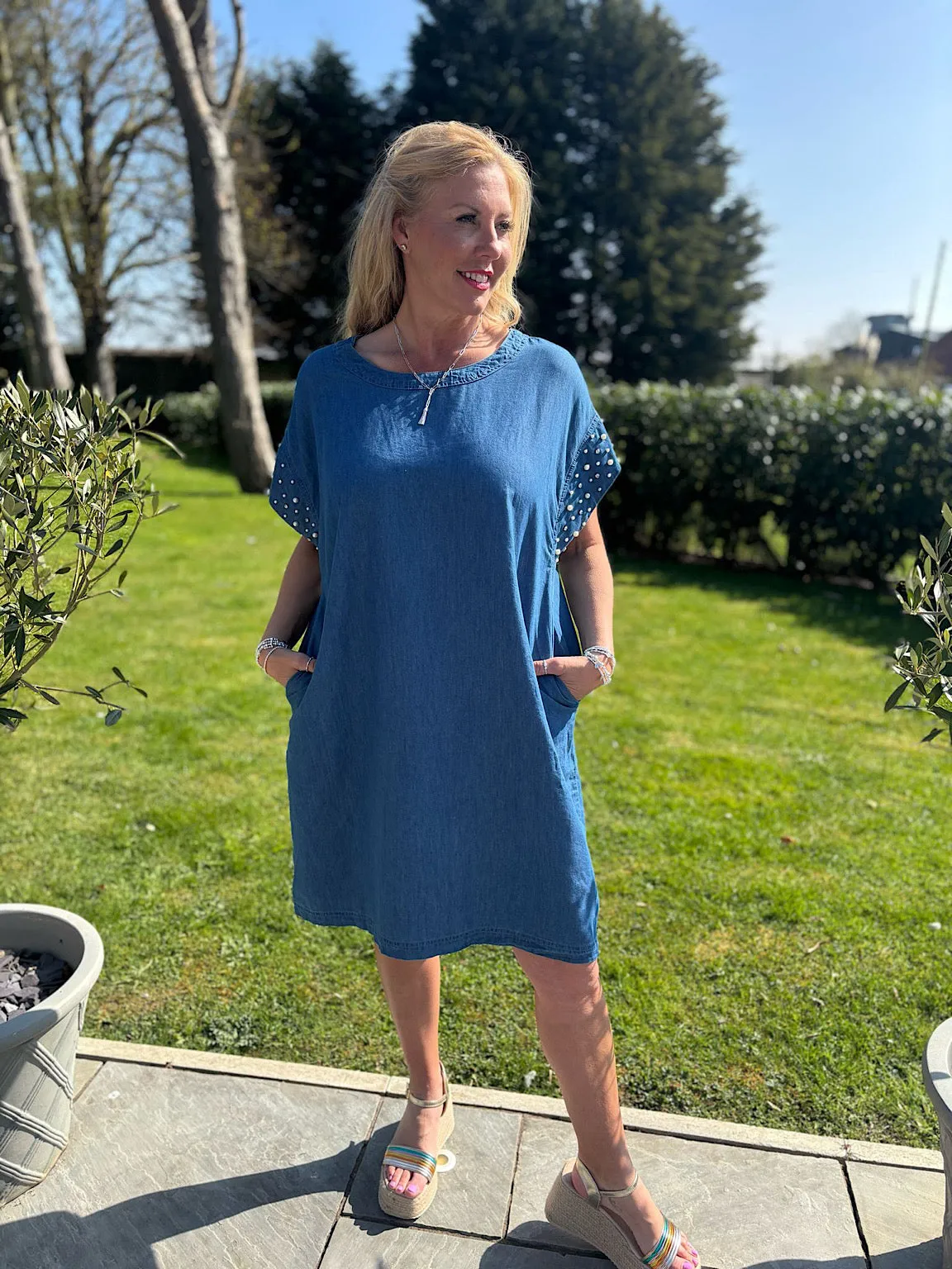 Dark Denim Pearl Embellished Dress Aida