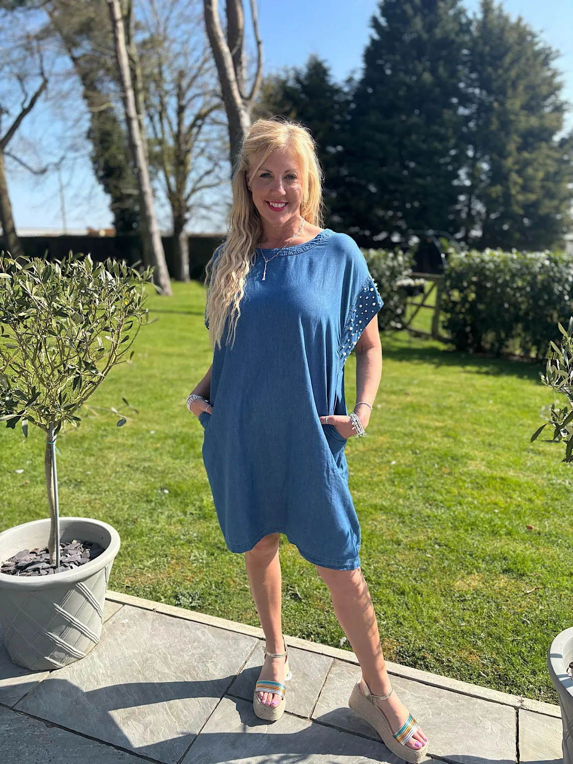 Dark Denim Pearl Embellished Dress Aida