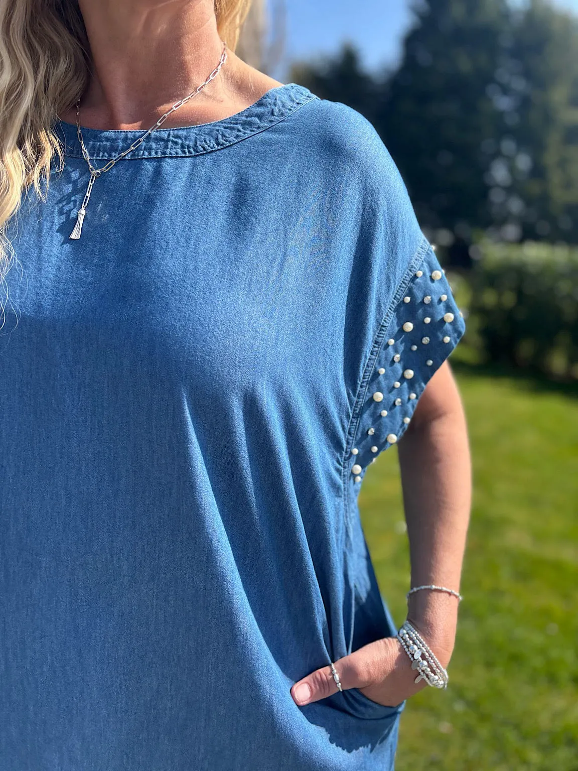 Dark Denim Pearl Embellished Dress Aida
