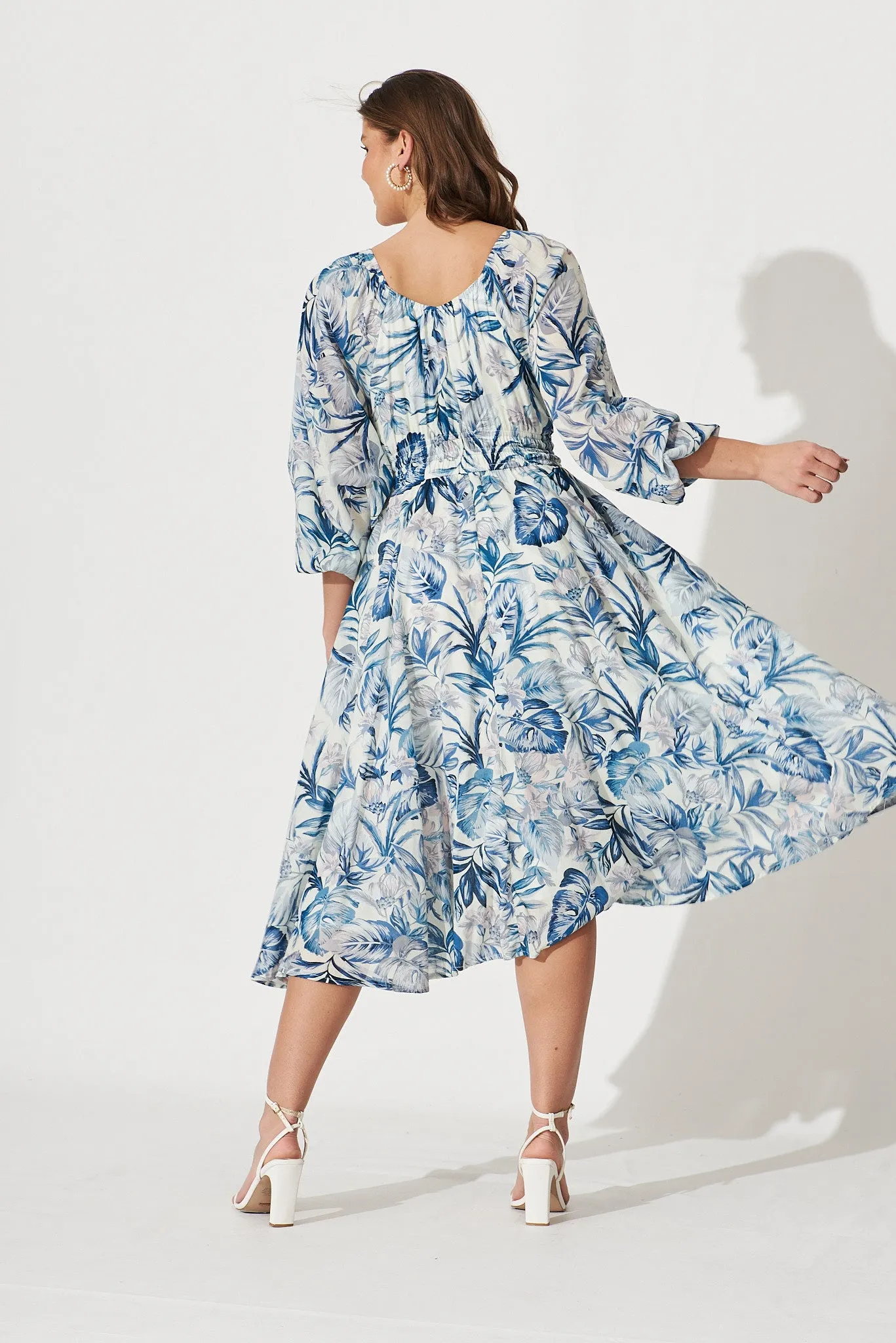 Darling Point Dress In White With Blue Floral Print Cotton